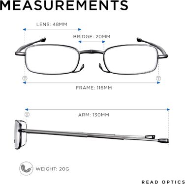 Складні окуляри Read Optics Посібник для читання з повним обідком у силі 1,5 діоптрії для чоловіків/жінок. З твердим корпусом, гнучкими металевими дужками та пружинним шарніром. Високоякісні лінзи, темно-сіра оправа