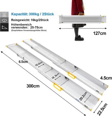 Алюмінієвий пандус для інвалідних візків Регульовані 300 кг регульовані телескопічні пандуси для дому, легка портативна навантажувальна рампа для інвалідних візків (упаковка з 2 шт. ), 300 x 22,5