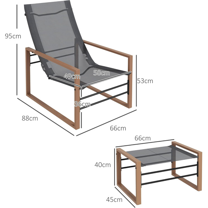 Крісло для патіо Outsunny з табуреткою, Набір садових крісел, Балконний стілець з садовими меблями, сітчастий чохол, сталь, темно-сірий