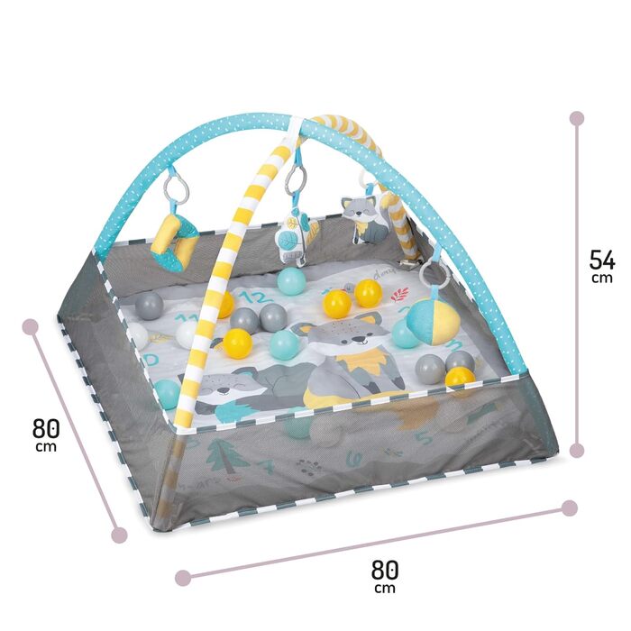 Ігрова арка MoMi LAMMIS для немовлят від народження, набір 4-в-1 ігровий килимок з бордюром і фоном для фотографій, басейн з кульками на 18 кульок, 5 іграшок, W79 x L79 x В 87 см, вага 0,6 кг Сірий/Синій