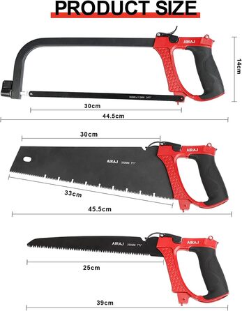 Набір пилок по металу AIRAJ, ножівки з 9 змінними лезами, пила для обрізки 250 мм, пила по металу 300 мм і ручна пила 330, для металу, дерева, сталі, труб ПВХ, замороженого м'яса, ножівки та пластику Багатофункціональні