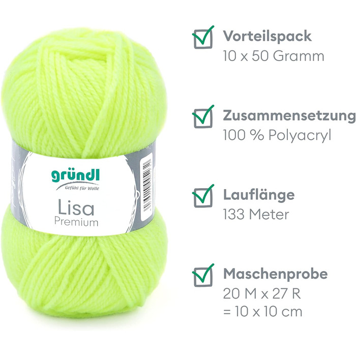 Пряжа Grndl Lisa Premium Uni Knitting & Chet Yarn (м'яка і схожа на шерсть, проста в догляді миється трикотажна пряжа з 100 поліакрилу, 50 г/ 133 м, розмір голки 3,5 - 4,5, 10 клубків по 50 г кожен), (неоново-жовтий)