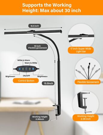 Настільна лампа Kangtaixin LED з регулюванням яскравості - настільна настільна лампа з затиском для столу Монітор для захисту очей Настільна лампа Гусяча шия Лампа архітектора 5 колірна температура 5 рівнів яскравості Clamp Lamp Black