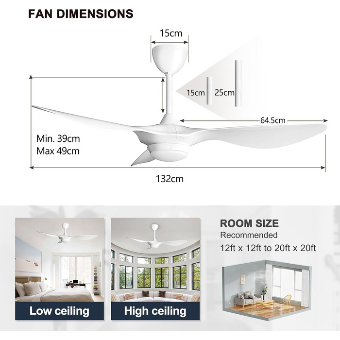 Стельовий вентилятор Reiga з підсвічуванням і пультом дистанційного керування 132 см, стельовий вентилятор з 3 горіхово-коричневими листям, таймер, літо-зимова робота, розумний стельовий вентилятор Alexa для спальні та вітальні (чистий білий)
