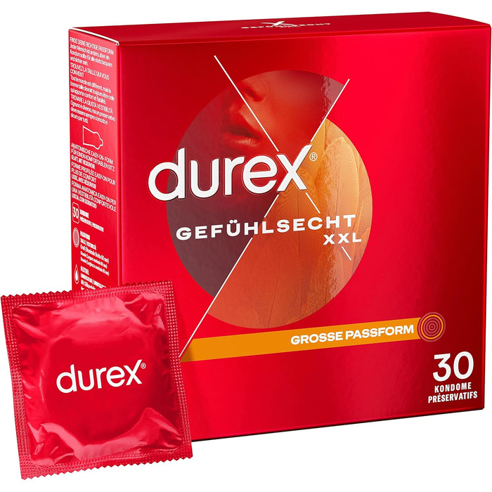 Презервативи Durex Gefhlsecht XXL Тонкі презервативи з великою посадкою та змащені силіконовою змазкою 30 упаковок (1 x 30 шт. ) 30 шт. (1 упаковка)