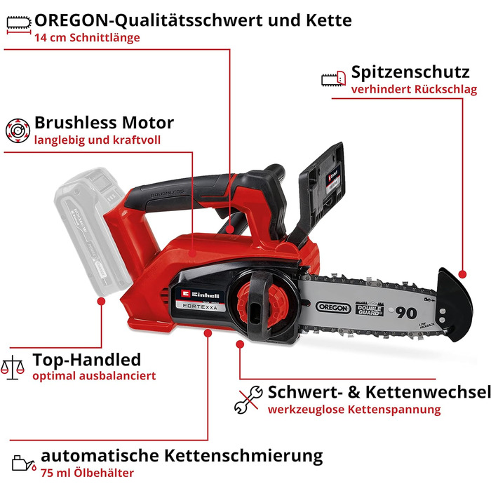 Акумуляторна бензопила Einhell Professional одноручна FORTEXXA 18/20 TH Power X-Change (Li-Ion, 18 В, безщітковий двигун, 20 см якісне лезо та ланцюг OREGON, макс. 3 800 хв-1, без акумулятора та зарядного пристрою) без акумулятора та зарядного пристрою