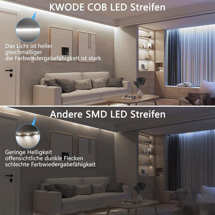 Світлодіодна стрічка KWODE COB 3000K Тепла біла, 2M 768LED, світлодіодна стрічка COB з можливістю затемнення шириною 3 мм, гнучка світлова стрічка 12 В постійного струму з джерелом живлення та радіочастотним пультом дистанційного керування для вітальні, с