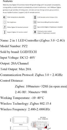 Потужний світлодіодний контролер світла 2-в-1, постійний струм 12-48 В, максимальна вихідна потужність 20 А, сумісний із Philips Hue, 2 Miboxer Zigbee 3.0