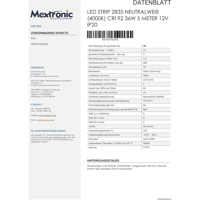 Світлодіодна стрічка Mextronic Світлодіодна стрічка 2835 нейтральна біла (4000k) CRI 92 36W 5 метр 12V IP20