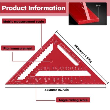 Столярний кутник 30см упорний металевий столярний кутник столярний кутник метрична трикутна лінійка для столярів, покрівельників, інженерів (червоний)
