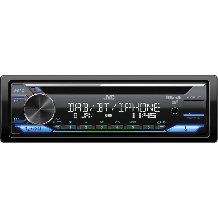 Автомагнітола JVC KD-DB622BT CD з системою гучного зв'язку DAB і Bluetooth (звуковий процесор, USB, AUX-вхід, Spotify Control, 4 x 50 Вт, підсвічування червоної клавіші, без антени) (DAB/USB/BT/Multicolor)