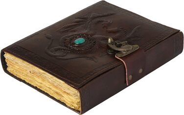 ПЕРЕДОЗУВАННЯ Deckle Double Dragon with Stone Leather Journal - Дорожній журнал для чоловіків і жінок Ескізи Щоденник Книга тіней Вінтажний папір ручної роботи Deckle Edge Paper - 6x8 дюймів 15 х 20 см A5 A5 Унікальний, вінтажний