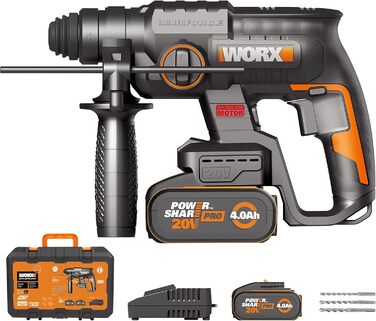 Акумуляторний перфоратор WORX NITRO 18V (20V MAX) WX381.2, PowerShare, безщітковий двигун, SDS Plus, макс. Енергія удару 2,0 Дж, 3 функції, антивібрація, 2 шт. акумуляторів 4Ач у комплекті