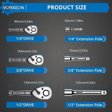 Набір міні-тріскачок VORXEON з 3 частин реверсивний набір реверсивних тріскачок 1/4 3/8 1/2 дюйма дрібнозубчастий з подовженими стрижнями 2 3 5 72 зуби, виготовлений з CR-V