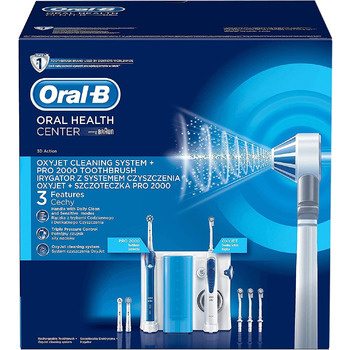 Електрична зубна щітка Oral-B Pro 2000 з водяною ниткою OxyJet, 3 щітки, 4 запасні насадки, набір для чищення зубів і догляду за зубами, подарунок чоловік/жінка, дизайн коричневий, білий/синій (1 упаковка)