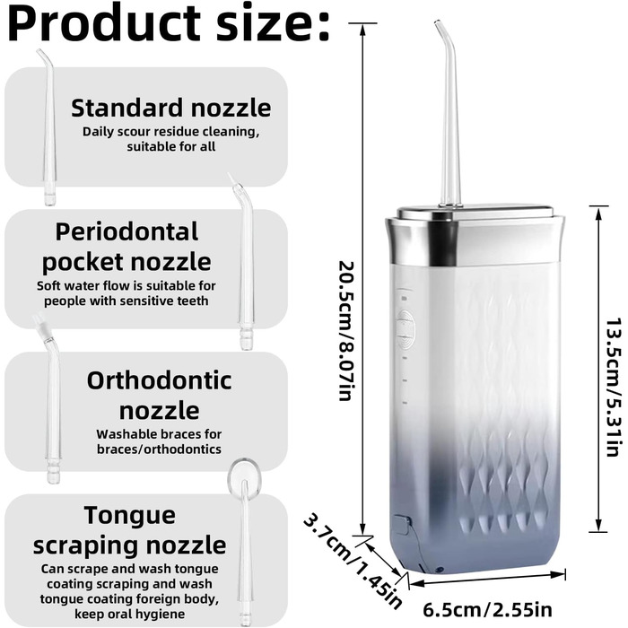 Бездротовий іригатор для порожнини рота, портативний водяний флоссер для ротового душу, 3 режими водяної нитки, 4 насадки на вибір, підходить для чищення зубів сім'єю та подорожами. (Чорний)
