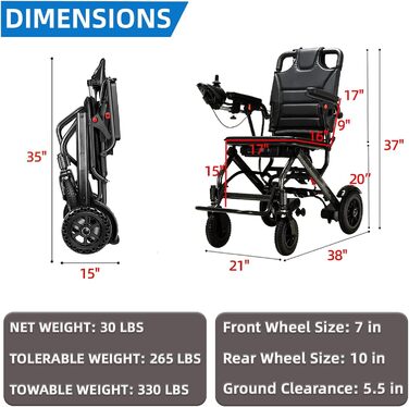 Складні електричні інвалідні візки для дорослих, інвалідний візок для особистої мобільності на відкритому повітрі, може витримати 23-25 миль, максимальна вага підшипника 265 фунтів, лише 13.8 кг (30.4 фунта)