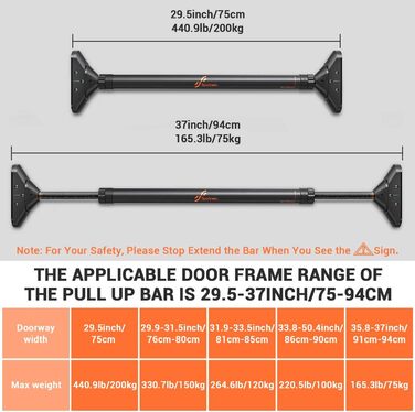Дверна коробка з турніком, вантажопідйомність Sportneer Pull Up Bar до 200 кг, турнік без гвинтів 75-94 см висувний, дверна планка з килимками з ПВХ 16,5x4,5 см і новим поворотним на 360 замком перемикання передач