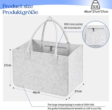 Фетрова сумка для покупок, велика фетрова сумка для покупок 30 л, фетровий кошик для покупок, складна сумка для покупок, складна сумка-переноска з фетру, кошик для газет, фетрова сумка для покупок (світло-сіра, 40x27x27см) 402727 см світло-сірого кольору,