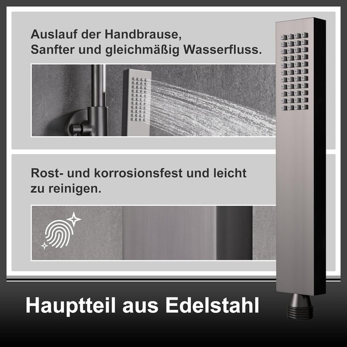 Душовий гарнітур Grbach з нержавіючої сталі без змішувача, душова система з тропічним душем, душовий набір, ручний душ, верхній душ квадратний 20x20см (TM2525GM, чорний)