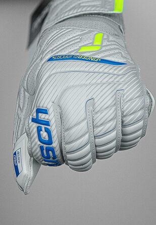 Воротарські рукавиці Reusch чоловічі Attrakt Finger Support унісекс зі зрізом зовнішнього шва та покриттям для зчеплення, підходять для всіх поверхонь поля Футбольні рукавиці із захистом пальців для дорослих світло-сірі - сині - жовті 10