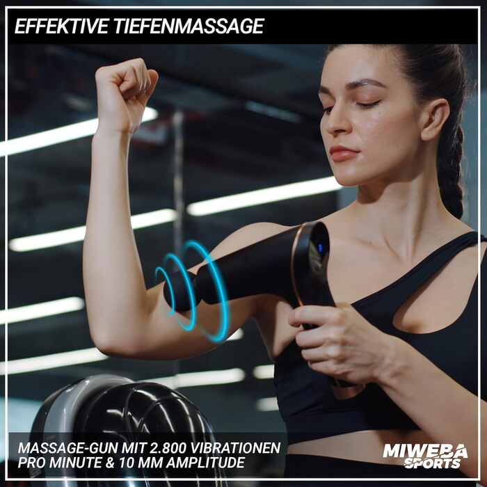 Спортивний масажний пістолет Miweba MM100 Wave Massager - Масажний пістолет - Пістолет для масажу м'язів - РК-сенсорний дисплей - плавний пуск - 6 насадок - 10 рівнів вібрації - Fitgun (MM100 чорний/сріблястий)