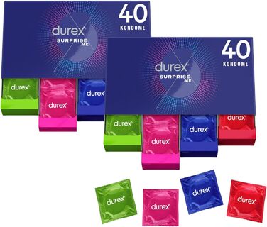 Презервативи Durex Surprise Me в стильній коробці - Екстра різноманітність, практичні та непомітно упаковані - для надійного захисту з приємним запахом - Об'ємна упаковка - 40 шт. (1 x 40 шт. ) (ука (80 упаковки))