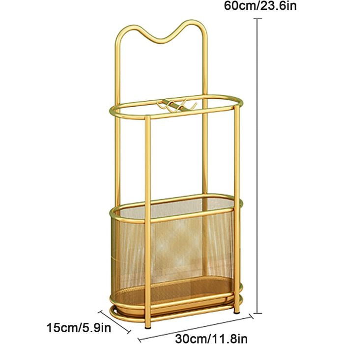 Внутрішня металева підставка для парасольок RAABYU, підставка для парасольок, зберігання парасольок для передпокою, прикраса дому чи офісу, з піддоном для крапель, із золотим гачком 23,6x11,8x5,9 дюйма