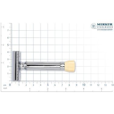 Регульована безпечна бритва MERKUR 500C Класичний глянець Chrome Бритва прямого різу, що складається з двох частин Ідеально підходить для вологого гоління Цинкове лиття під тиском Латунна рукоятка Зроблено в Німеччині GlanzchromII