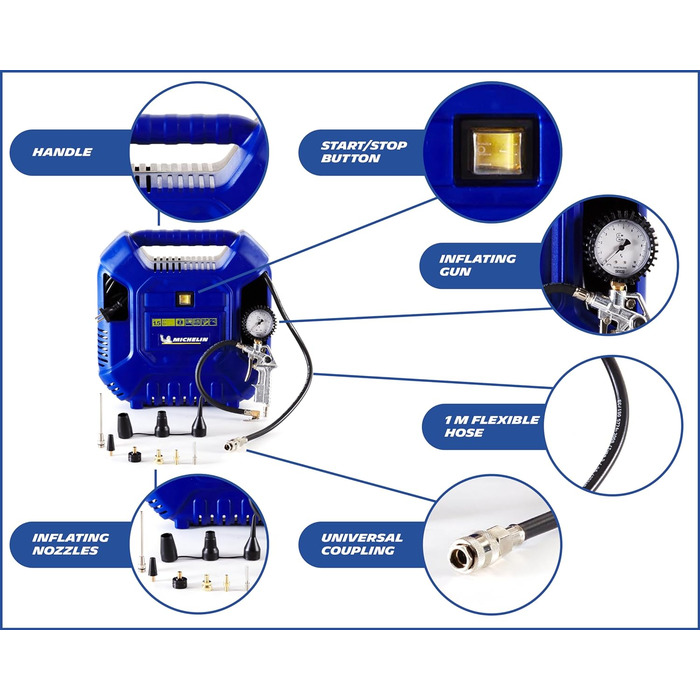 Портативний повітряний компресор Michelin MB1, безмасляний повітряний компресор зі шлангом 1 м, компресор шин з манометром і 6 перехідниками клапанів, максимальний тиск 8 бар, потужність 1,5 к.с.