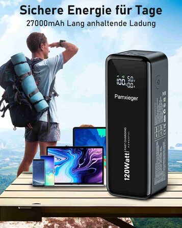 Вт Power Bank 27000 mAh, Powerbank Невеликий, але міцний телефон і ноутбук Зовнішні батареї мобільного телефону Швидка зарядка USB C Вхід і вихід з РК-дисплеєм для смартфонів, планшетів і багато іншого, 120