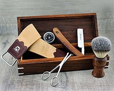 Повний набір для гоління Rosewood Old Style Classic Barber - вінтажне гоління - Пряма бритва, шкіряні ремінці, синтетична щітка для борсука, ножиці для догляду за носом і коробка для гоління з палісандра