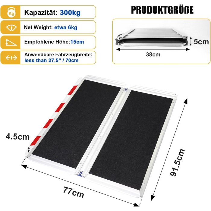 См 300 кг Пороговий пандус з нековзною поверхнею, портативний алюмінієвий пандус для інвалідного візка, пандуси для інвалідних візків 91,5 см (корисна висота 9-22,5 см), 91,5