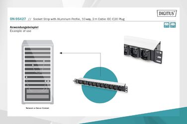 Подовжувач живлення DIGITUS 19 - - 1U - 250 В змінного струму - 50/60 Гц - 16 А - 4000 Вт (10 кранів, 8 кранів C13 і 2 шт. C19, версія IEC)