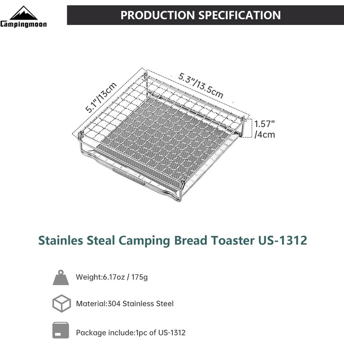 Кемпінговий тостер Campingmoon для газової плити 304 Тостер для хліба з нержавіючої сталі Міні-кемпінгова решітка для гриля US-1312 CM-US-1312 (маленький)