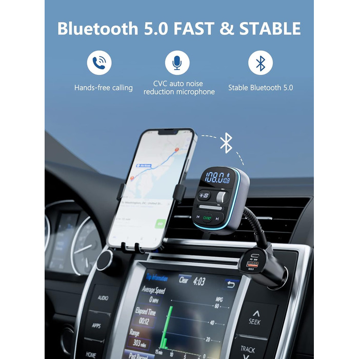 Передавач LENCENT Bluetooth, автомобільний адаптер Bluetooth, Автомобільний FM-адаптер Bluetooth зі швидким зарядним пристроєм PD 30 Вт QC3.0, Музика Hi-Fi/звичайні текстові дзвінкиКольорове світло