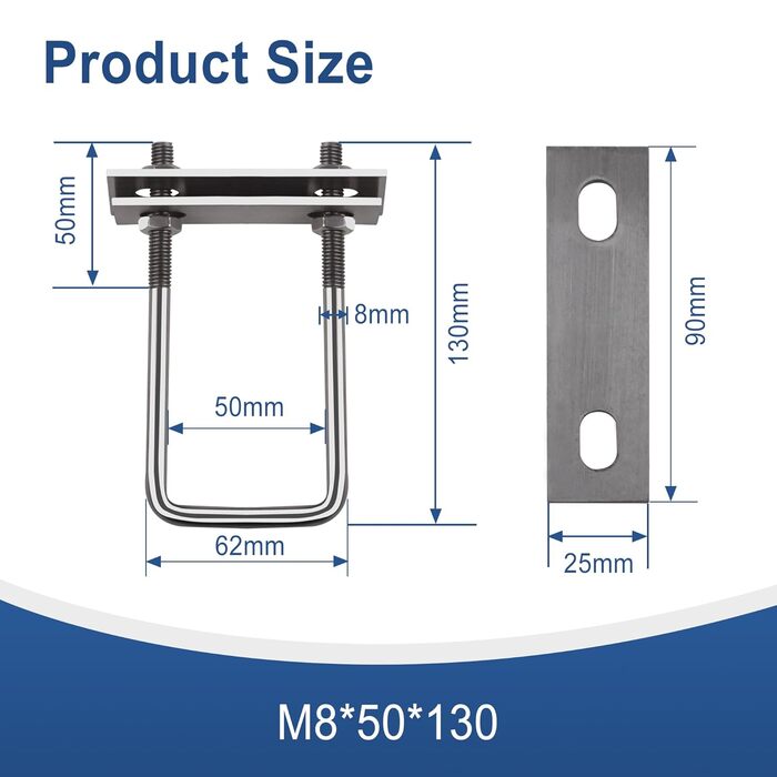 Болт M8, U-подібний різьбовий кронштейн, квадратні болти, U-болтові затискачі, U-болти для саду, автофургону, саморобки, сонячної установки та кріплення (8 шт., M8x50x130 мм)