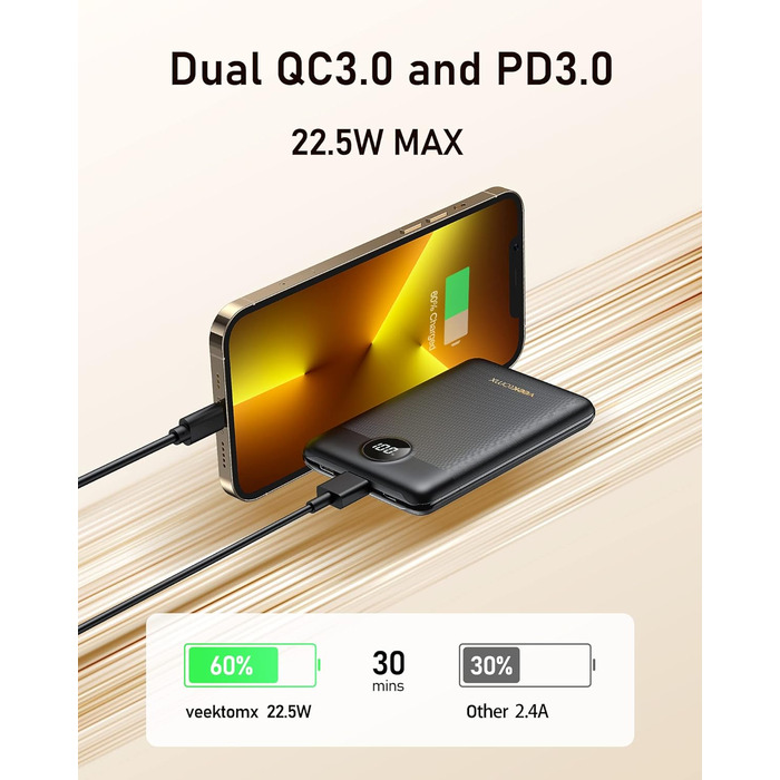 Маленький, але потужний 22,5 Вт Міні-банк PD3.0 QC3.0 USB C Зовнішній акумулятор Портативний мобільний телефон Акумулятор Сумісний з iPhone/Samsung/Huawei/Xiaomi/OnePlus і т.д. Чорний, 10000mAh VEEKTOMX Power Bank