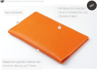 Персоналізований складаний календар 2024/2025 DIN A6 Soft Grain Leather Orange - Організатор Planner (1 місяць, 2 сторінки) Шкіряна обкладинка - Календар зустрічей Щомісячний огляд & Адресна книжка Small Orange Soft Grain