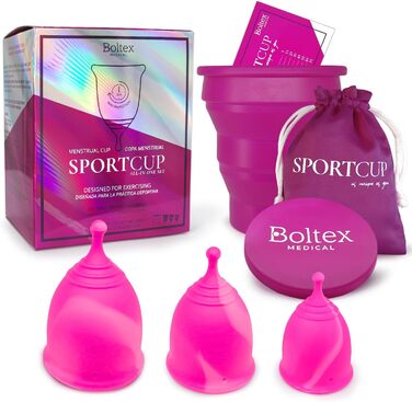 Менструальна чаша SPORT CUP ALL-IN-ONE SET від BOLTEX MEDICAL. Розроблено для АКТИВНИХ ЖІНОК. Містить чашу для очищення, 3 менструальні чаші SPORT CUP розміри S, M і L та сумку для зберігання