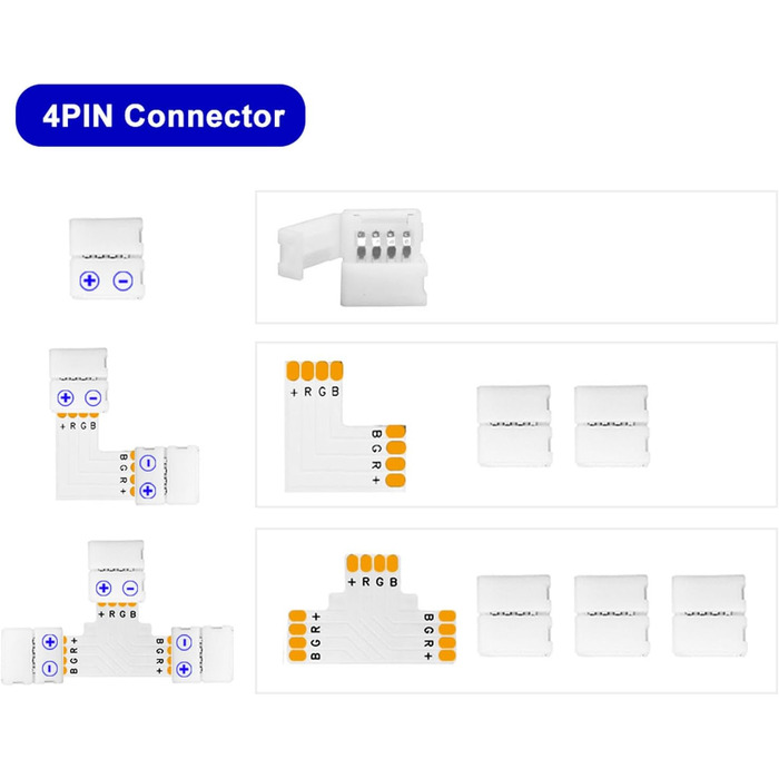 Роз'єм для світлодіодної стрічки Amefil, 4 контакти, без пайки, роз'єм без зазорів, розгалужувач RGB-L шириною 8 мм, прямокутний з'єднувач, T-подібна форма, роз'єм для RGB 3528 2835, багатобарвна світлодіодна стрічка