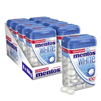 Жувальна гумка Mentos Always White, 8 банок XL жувальної гумки без цукру 100 шт. зі смаком м'яти перцевої для сяючої посмішки, (8 x 106 г)