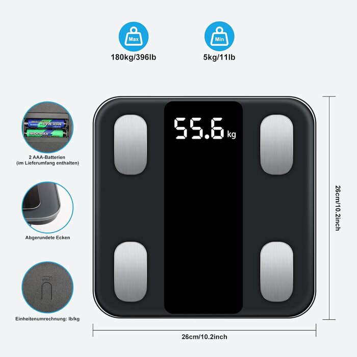 Ваги RAOYAN Body Fat Scale, високоточні ваги для аналізу тіла 180 кг/396 фунтів, інтелектуальні цифрові ваги, персональні ваги жиру в тілі з додатком для визначення жиру в тілі, ІМТ, мязової маси, BMR, білка