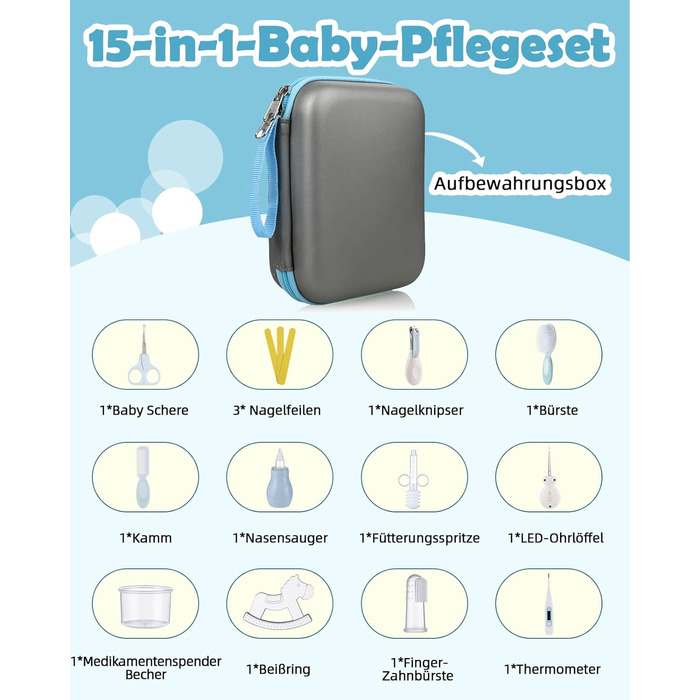 Набір для догляду за дитиною Lictin 15 предметів Набір для догляду за немовлям Новонароджений з клінічним термометром Гребінець для носового аспіратора Манікюрні ножиці Дитяче початкове обладнання Набір для догляду за новонародженим (сірий)