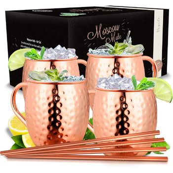 Кружки Vezato Moscow Mule Mugs 500 мл - Ковані мідні кружки з соломинками - Набір ручної роботи 4 шт. и - Мідні кружки з нержавіючої сталі