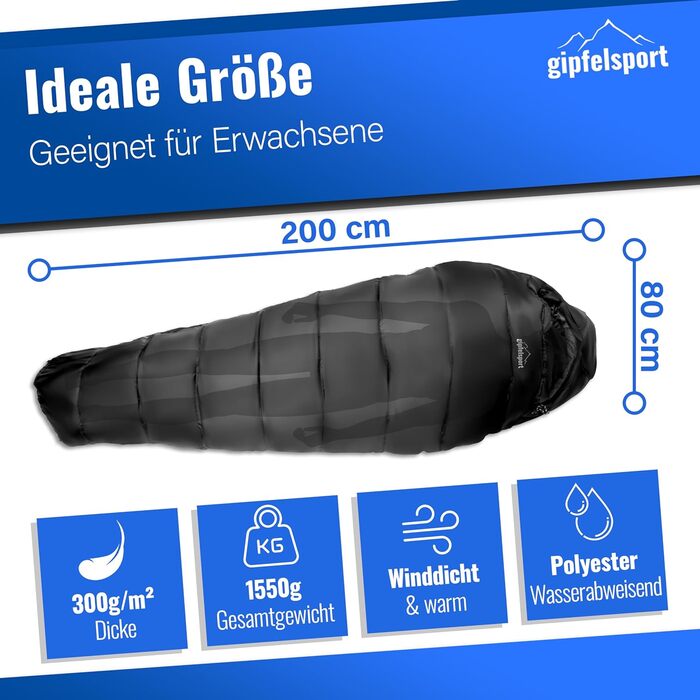 Надлегкий спальний мішок Gipfelsport Ultralight Sleeping Bag 4 Seasons -20C до 15C Надлегкий спальний мішок Надлегкий мумійний спальний мішок для всіх сезонів, трекінговий спальний мішок для кемпінгу, подорожей та відпочинку на природі -5C чорний