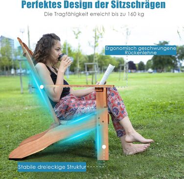 Крісло GOPLUS Adirondack з масиву дерева, садове крісло до 160 кг з навантаженням, садове крісло з підлокітниками та спинкою, пляжне крісло з лакованою поверхнею, для саду на пляжі outdoor (коричневий)
