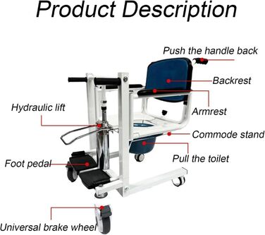 Підйомник для пацієнтів, гідравлічний інвалідний візок для пацієнта для дому, портативний перенесений інвалідний візок з розділеним сидінням на 180, тумбочка туалет, стілець для ванної кімнати, домашній перемикач для медсестер