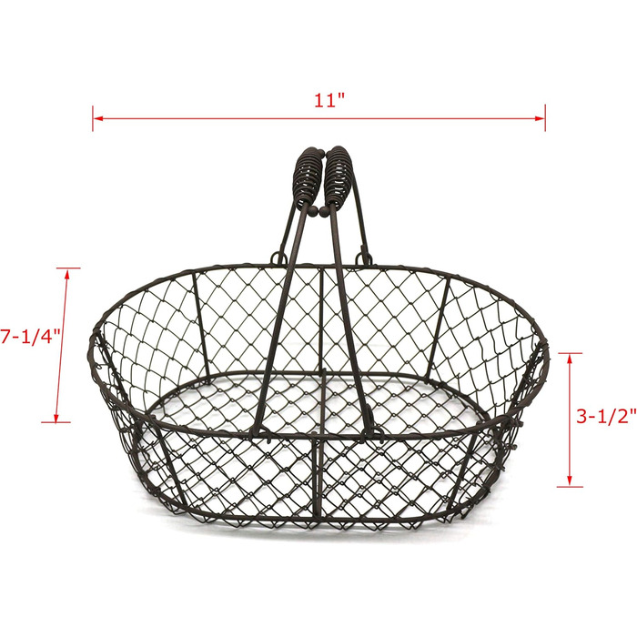 Овальний кошик для яєць з металевого дроту Дротяний кошик для фруктів з ручкою Примітиви Вінтажний стиль Кошик для зберігання Rusty, 27.9 x 18.4 x H 8.9см