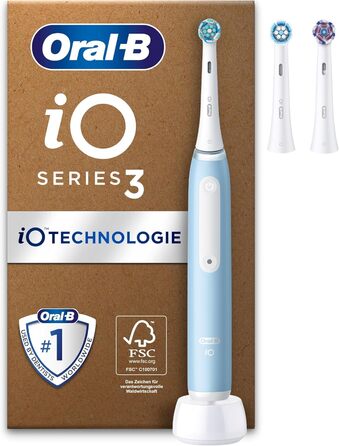 Електрична зубна щітка Oral-B iO Series 3 Plus Edition, ПЛЮС 3 щітки, 3 режими чищення для догляду за зубами, упаковка, що підлягає переробці, дизайн Braun, крижано-блакитний Синій